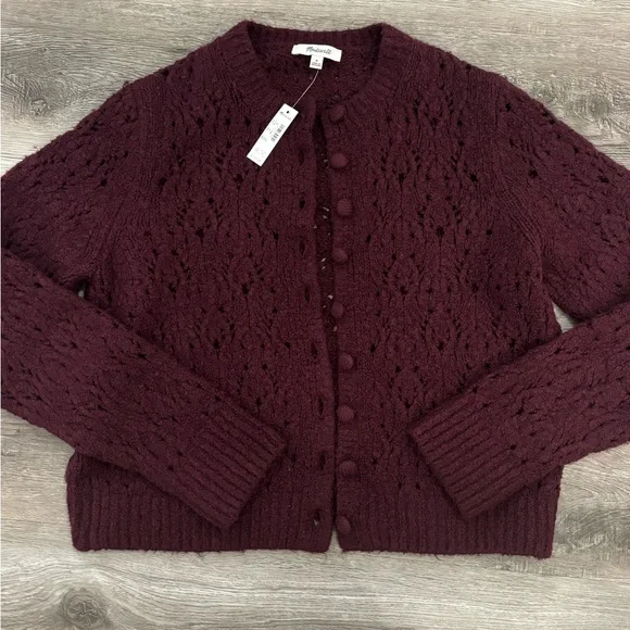 Madewell Pointelle-Stitch Cardigan Cotton Blend in Dark Pomegranate Size Medium - Picture 1 of 10